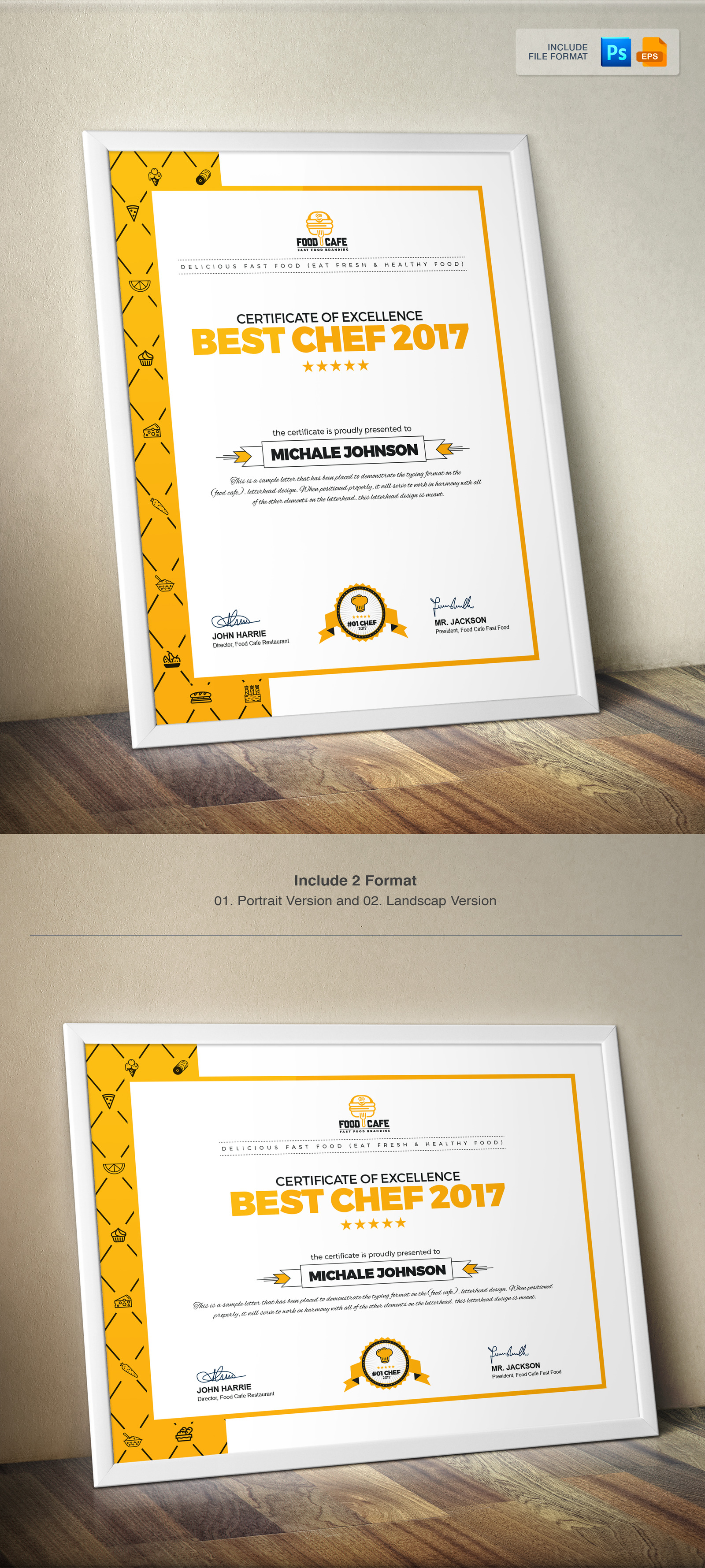 Certificate Design Template for Best Chef Fast Food and Restaurant
